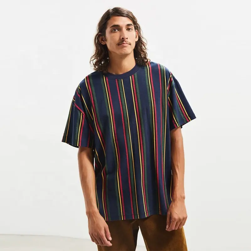 Summer Casual Rib-Knit Crew Neck Vertical Stripe Men's Tee Shirt Custom