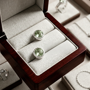 Pendientes de tuerca redondos de amatista verde natural Art Palace con engaste de bisel, joyería clásica para mujer - Product Image 1