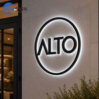Logo rétroéclairé en acier inoxydable, finition peinture noire, lettres rétroéclairées par LED, enseigne commerciale en métal rétroéclairée