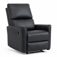 Fauteuil inclinable moderne en cuir noir avec structure en bois, accoudoirs incurvés réglables manuellement, fauteuil de salon