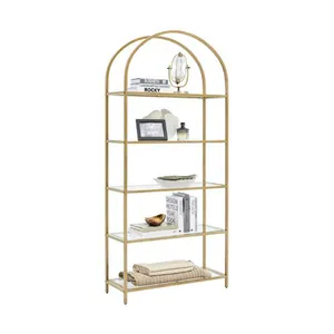 Living Room gold curved bookshelf Design Wrought Iron Display Stands Metal Glass Cube Bookcase Steel Book Shelf