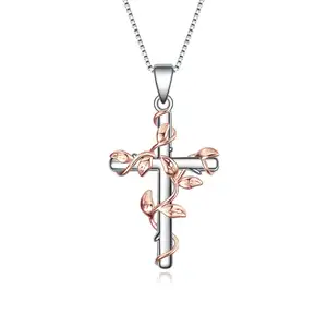 Jewellery Gifts Custom 925 Sterling Silver Rose Gold Plated Rose Flower Tree Vine Cross Necklace