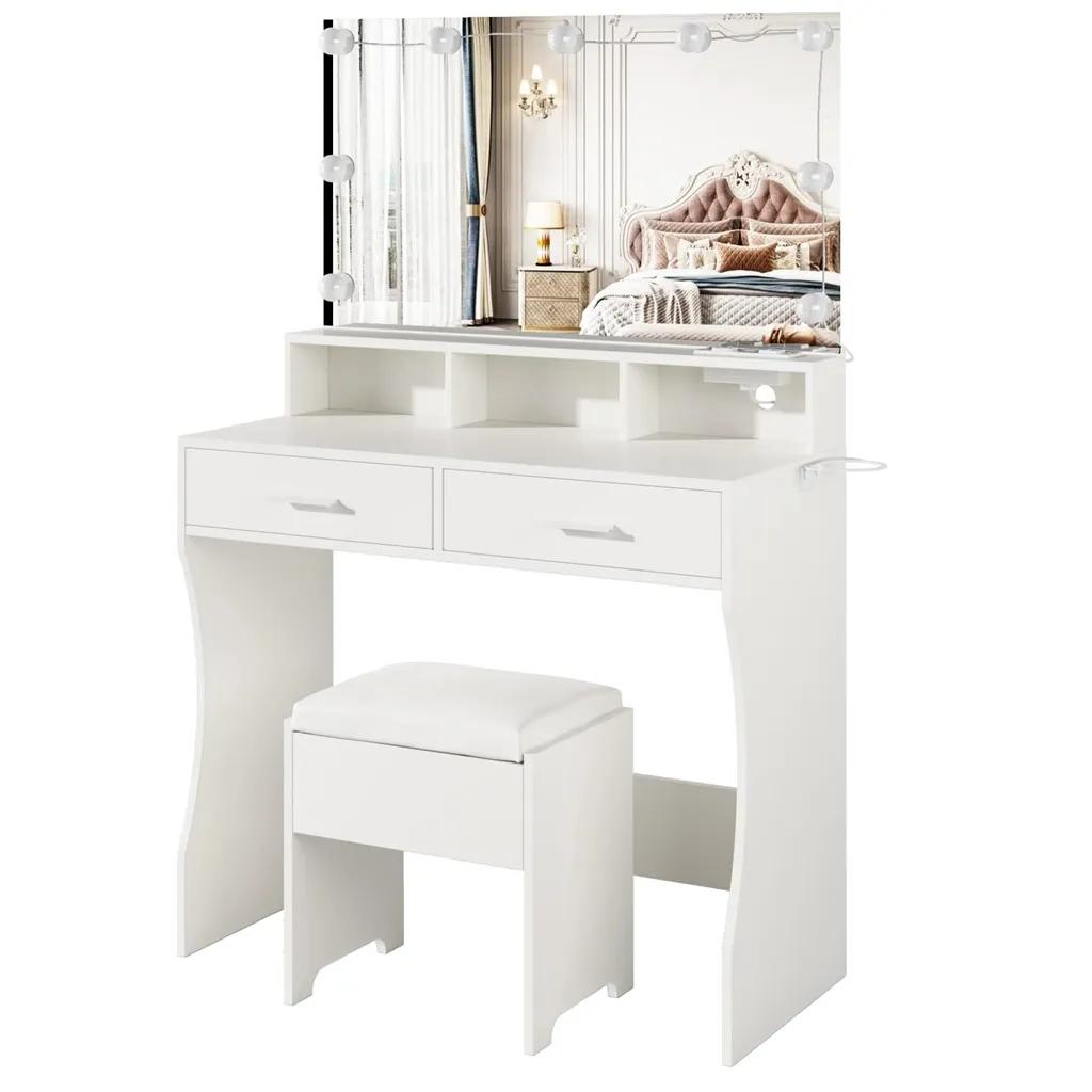 Makeup Table with Lighted Mirror & Power Outlet Modern Vanity with 9 bulbs adjustable light Suitable for women