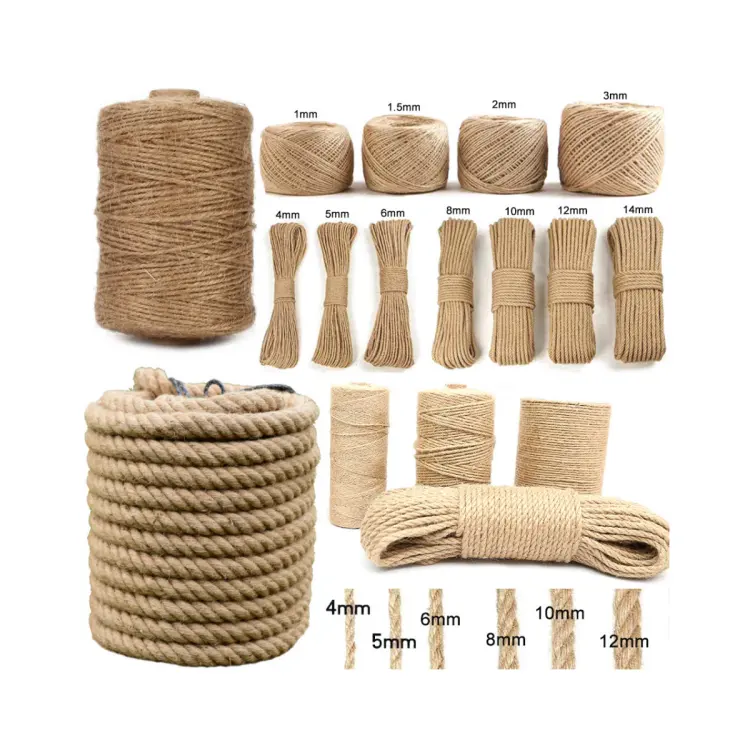 Hoge Kwaliteit Fabriek Jute Touw Gedraaid 2Mm 3Mm 4Mm 6Mm 10Mm 25Mm Gevlochten 3 Strengen Hennep Jute Touw