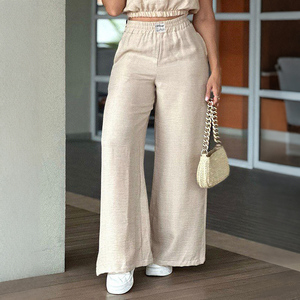 Vêtements pour femmes grandes tailles, vente en gros personnalisée, <span class=keywords><strong>pantalon</strong></span> large décontracté <span class=keywords><strong>beige</strong></span>, ample, élégant, <span class=keywords><strong>pantalon</strong></span> à jambes larges pour femmes, grandes tailles - Product Image 1
