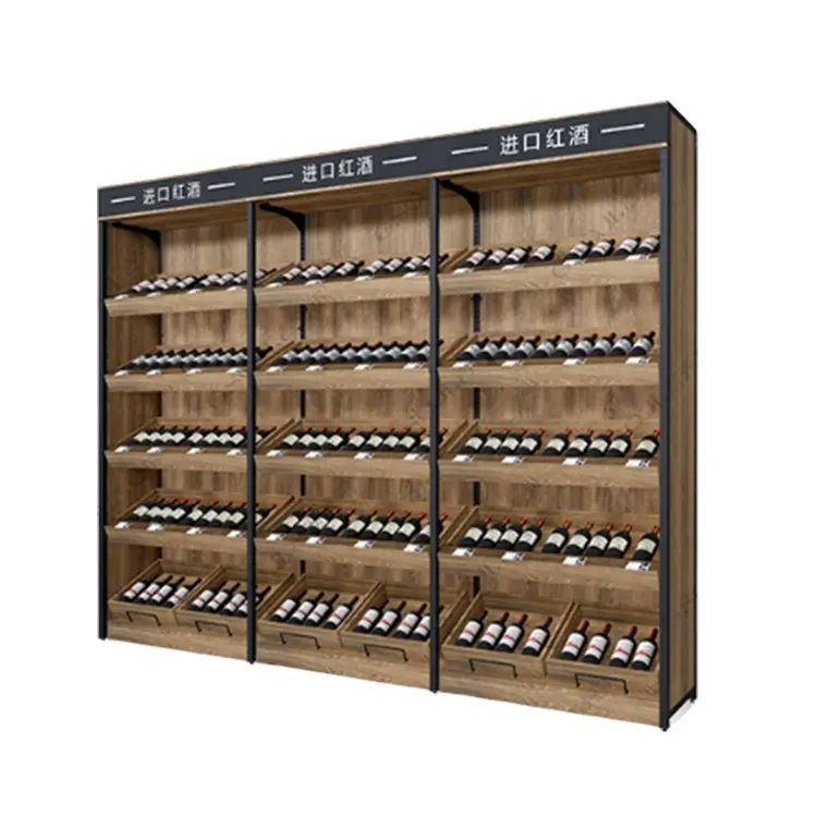 Factory Fabrication Custom Metal And Wooden Wine Shelf Sale Shelving Display supermarket wine shelves