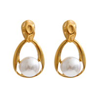 Boucles d'oreilles pendantes géométriques en forme de goutte d'eau JINYOU 7216 vintage françaises en acier inoxydable plaqué or PVD avec perles pour femmes