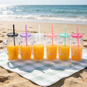 Gobelet en plastique avec paille 500 ml, à double paroi, avec poignée, portable, pour usage extérieur - Product Image 1