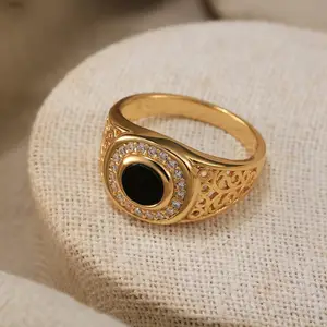 Fine Jewelry 925 Silver Ring Men Gold Plated Real Sterling Silver Round Black Agate With Zircon Gemstone Silver Ring For Men
