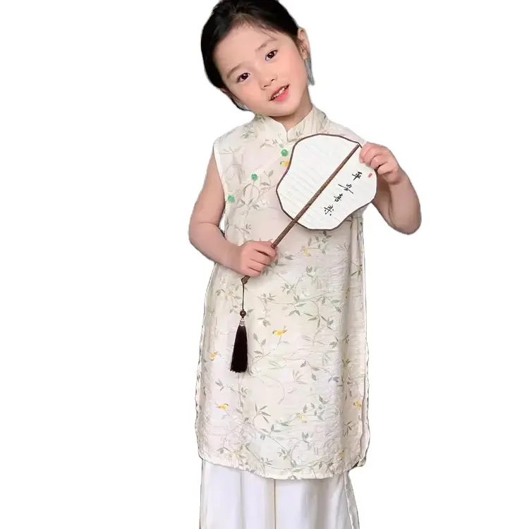 Детское летнее платье, комплект для девочек, новый детский 2024, юбка в китайском стиле, штаны для девочек, комплект из двух предметов