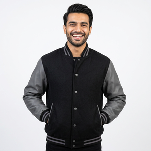 Veste universitaire de style football universitaire vintage avec corps en laine noire et veste de baseball universitaire en cuir véritable gris pour hommes - Product Image 1