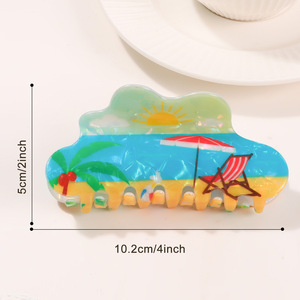 Số lượng lớn 2025 thiết kế mới kỳ nghỉ Hawaii phụ nữ phụ kiện màu xanh đại dương biển cọ bãi biển in hình dạng đám mây 10.2cm PVC tóc Claw Clip - Product Image 4