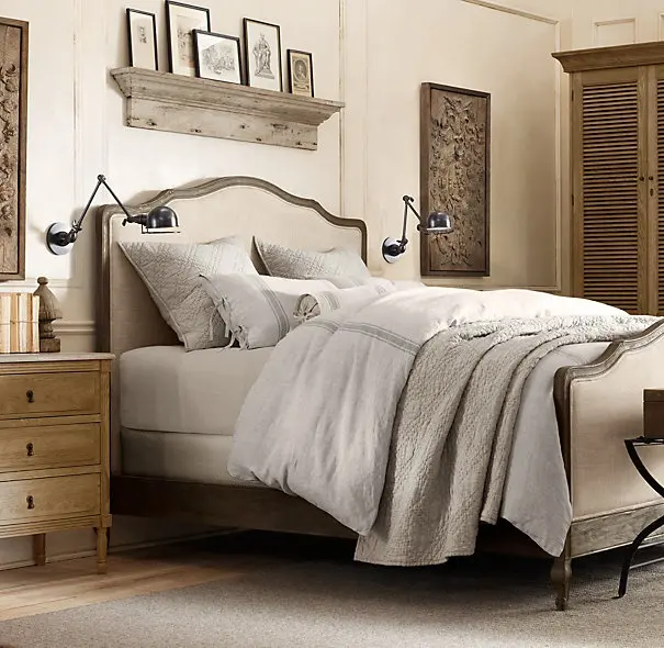 2024 Antique Furniture French Bedroom Sets Dark Grey Curved Platform Wooden King Size Beds