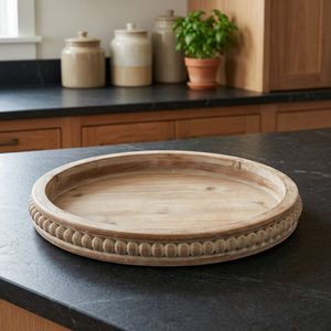 Round Wood <b>Decorative</b> Tray Beaded Edge Rustic Handcrafted Serving Platter <b>Kitchen</b> Dining <b>Decor</b> - Product Image 2