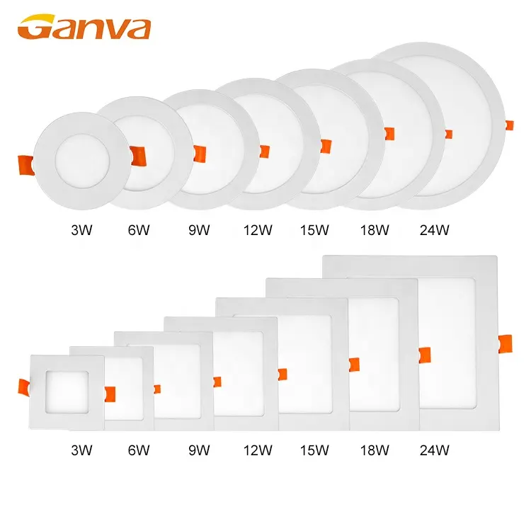 مصباح سقف LED مربع ومدور من الألومنيوم تجاري من GANVA بقدرة 3 واط و6 واط و9 واط و12 واط و15 واط و18 واط و24 واط بتصميم رفيع للغاية