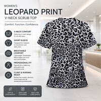 Uniforme Médico de Moda al por Mayor con Estampado de Leopardo, Blusa de Enfermería con Cuello en V y Manga Corta, Ropa de Trabajo para Hospital con Logotipo Personalizado para Mujer