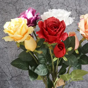 Kualitas tinggi cabang tunggal 2 kepala bunga mawar buatan kuning kustom mawar sentuhan nyata warna-warni dekorasi bunga buatan