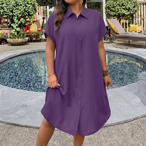 Robe chemise décontractée d'été pour femme, violette unie, à manches courtes, longueur midi, coupe ample, col rabattu, boutonnée sur le devant - Product Image 3