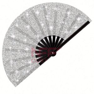 Éventail Pliant en Bambou Écologique 33 cm, Motif Artisanal Musical, Finition Pailletée Argent et Noir, avec Étui en Tissu Peint – Grande Vente - Product Image 1