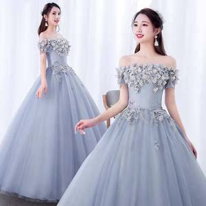 Off Shoulder Tulle Ball Gown With 3D Floral Embellishments Natural Waistline Strapless Long Evening Dress For Women - Product Image 1