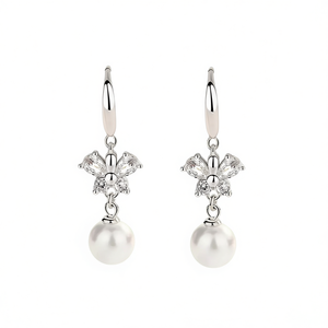 Elegantes Pendientes de Mariposa con Perla Sintética Redonda AAA, Chapados en Oro Blanco, Plata 925 con Rodio, Joyería Clásica para Mujer, para Bodas - Product Image 1