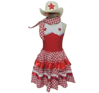 Traje de dança de algodão xadrez colorido, fantasia de dança, cowgirl, ginástica, vermelho, leotards, saia xadrez, collant, vermelho brilhante, trajes de cowgirl