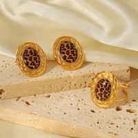 Ensemble de boucles d'oreilles et bague H&C vintage ovales à imprimé léopard, plaqué or 18 carats, en acier inoxydable, bijoux fantaisie tendance, accessoires