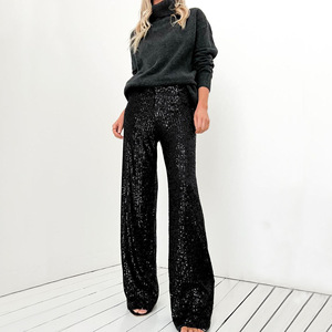 Pantalon droit à paillettes pour femme, nouveau modèle, taille haute, couleur unie, pour soirées, tenues de fête, mode streetwear, noir - Product Image 2