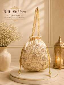 Sac de soirée classique en soie artisanale du Rajasthan, forme selle, brodé, avec fermeture à cordon, pour femme - Product Image 3