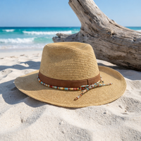 Sombrero de Paja de Ala Plana con Decoración de Cuentas, Estilo Boho, Logotipo Personalizado, para Verano, Hombre y Mujer, Transpirable, para Playa y Sol
