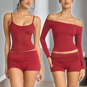 Wholesale Women Solid High Waist 3 Piece Yoga Set <b>One</b> Shoulder Crop <b>Top</b> Shorts Gym Outfit Quick Dry Breathable Fitness - Product Image 3