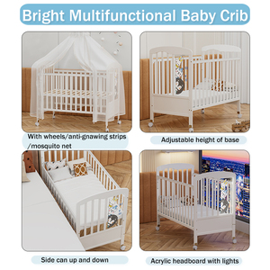 Culla per Neonati in Legno di Pino con <span class=keywords><strong>Testiera</strong></span> in Acrilico, Luce LED, Altezza Regolabile a 3 Livelli, Zanzariera, Ruote, Striscia Anti-Roditore, <span class=keywords><strong>Lettino</strong></span> con Sponda Ribaltabile - Product Image 3