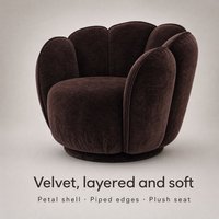 Fauteuil d'appoint rond en velours marron foncé, design pétale, fauteuil lounge rembourré en peluche avec bordure passepoilée, siège pour salon et maison
