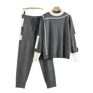 Strick Damen zweiteiliges Outfit langärmlig Rundhalsausschnitt Pullover Oberteile und lange Hosen Trainingsanzug B608 Damen Herbst Damenkleid Strick