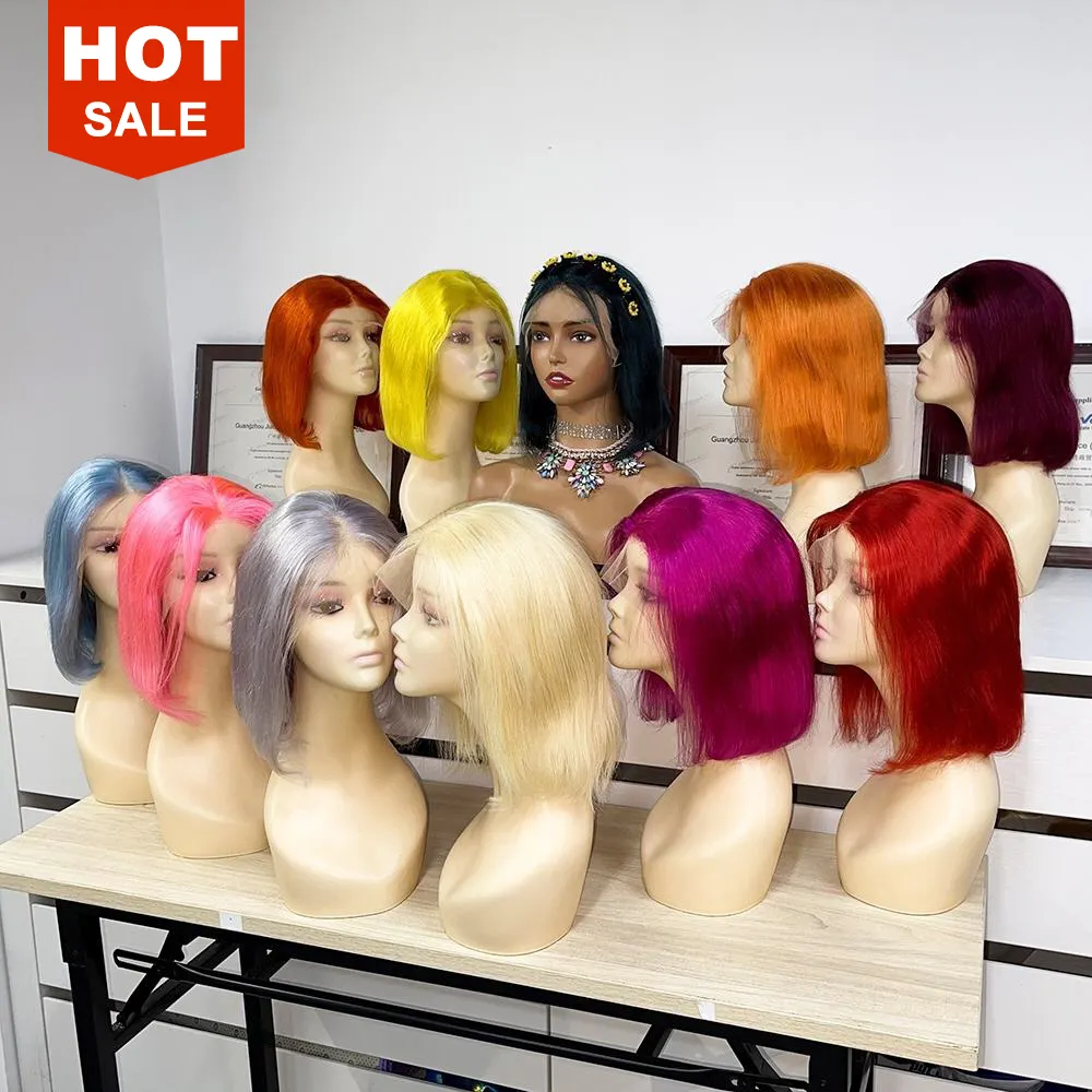 GD Wholesale Human Hair Colorful Bob Wig For Women,Pre Plucked Mink Brazilian Hair Bob Wigs,Red Orange Pink Purple Cut Bob Wigs