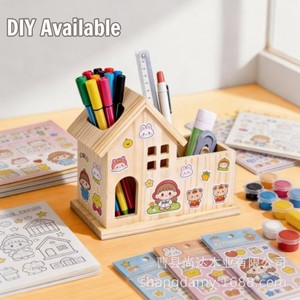 Wooden house-shaped <b>pen</b> holder, desktop stationery storage <b>box</b>, multi-purpose storage <b>box</b>, home desktop decoration. - Product Image 1