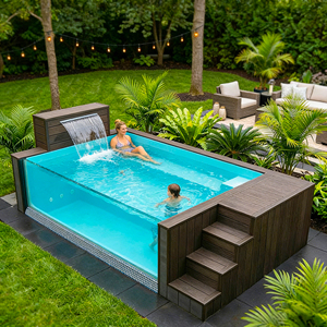 Piscine hors sol en bois et fibre de verre de 5 m x 3 m, petite piscine familiale, patio, bain froid, spa chaud - Product Image 1