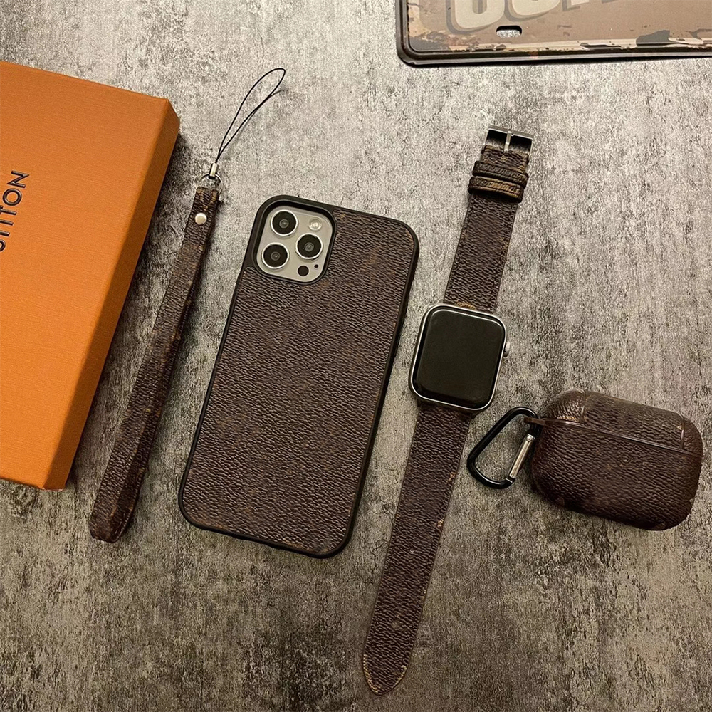 Modemarke Leder Luxus-Handy hülle für Telefon 15 14 13 12 11 xs max xr 7 8 plus Abdeckung und für Airpod-Gehäuse Uhren armbänder gesetzt