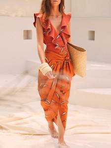JSN9203860 Maillot de bain une pièce imprimé à volants orange et couverture taille haute col en V Sexy Slim Backless Bikini dames été plage - Product Image 5