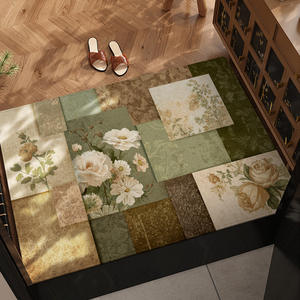 Paillasson de luxe rectangulaire patchwork vintage motif grue et fleurs brodées pour entrée de maison en PVC, entretien facile - Product Image 4