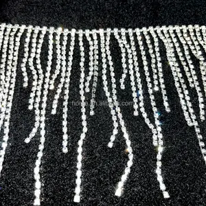 F157 Rhinestone And Crystal Beaded Lace Trim Dangling Rhinestone Tassel Trimming For Crafts