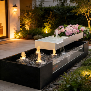 Fontaine d'eau rectangulaire de luxe en métal avec éclairage intégré pour décoration de jardin extérieur, montage sur terrasse, finition polie - Product Image 5