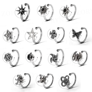 316LStainless Steel <b>Fidget</b> <b>Rings</b> Butterfly Design Multi Black Gemstone Inlay Retro Texture Open Adjustable Jewelry for Men Women - Product Image 5