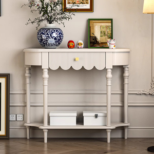 Mesa Consola Blanca Crema Estilo Provincial Francés con Cajón Festoneado <span class=keywords><strong>y</strong></span> Patas Talladas, Aparador para Entrada, Hecho a Medida en Fábrica - Product Image 2