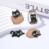 Broche émaillée Chat Noir dans un Conteneur, Mignon chaton caché dans une boîte en carton ou un bocal en verre, Bijou pour sacs et vestes, Cadeau pour les amoureux des chats