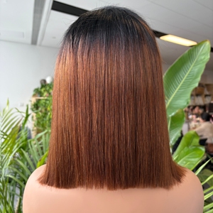 Pelucas de cabello humano liso con cierre frontal de encaje 5x5, estilo bob corto ombre marrón, brasileño - Product Image 2