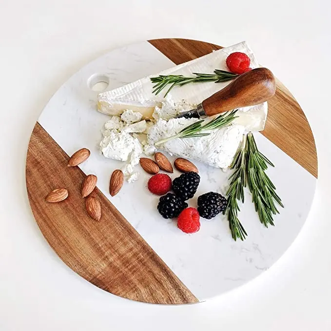 Placa de mármore branco de queijo, com acácia 12 "redonda-agradável artesanal placa de charcuterie para placa de corte duas redonda
