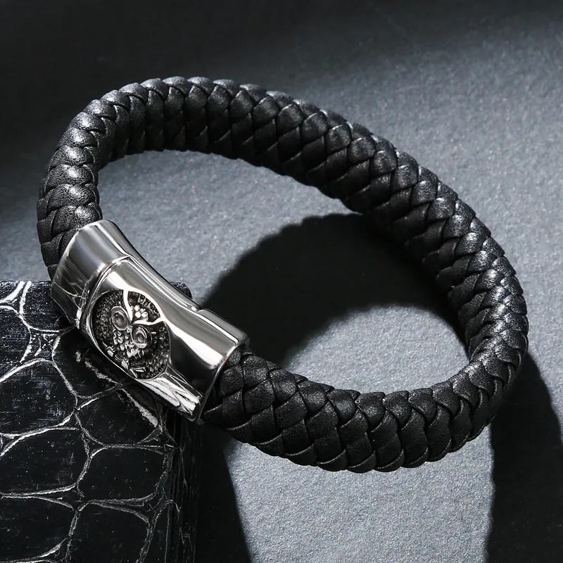 Fashion Men's Top Braided Knitting Leather Bangle Bracelet W/ Stainless Steel Middle Part Buckle Clasp