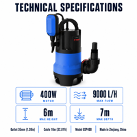 HERZO 400W Tauchpumpe für Abwasser 9000 L/h 6m Förderhöhe 7m Tiefgang 35mm Auslassdurchmesser