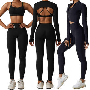 Conjunto Deportivo de Gimnasio para Mujer de Otoño Invierno Sujetador Sólido Blusón Mallas Crop Top Chaqueta de Manga Larga Leggings Conjunto de Entrenamiento de 4 Piezas para Yoga - Product Image 4